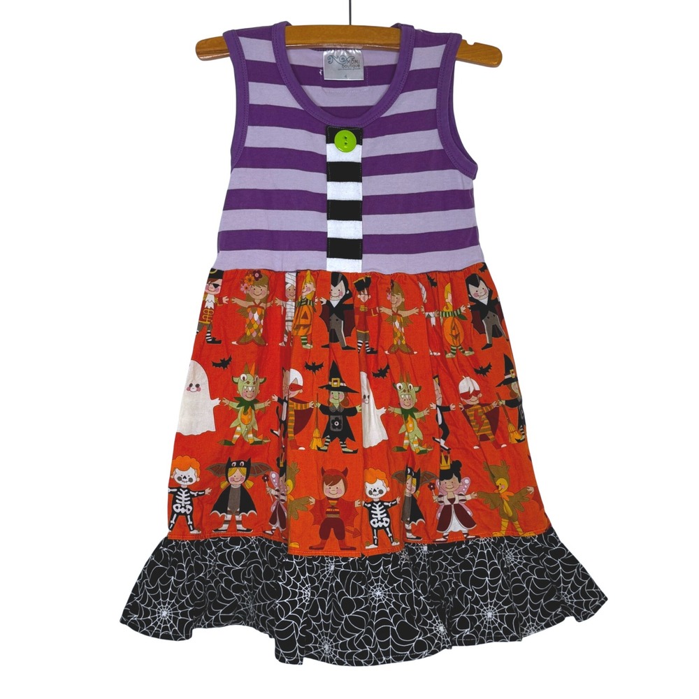 MOMI Boutique Girls Halloween Dress Size 4 Purple‎ Striped Monsters Ghosts Party